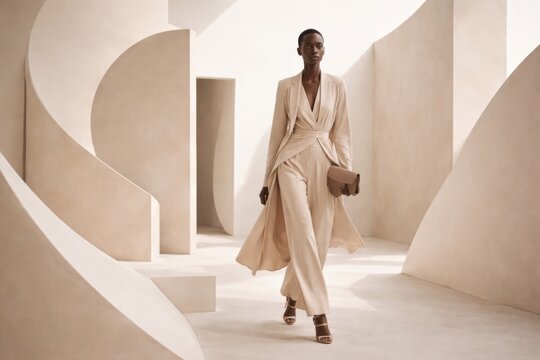 Model walks through a minimalist setting wearing a stylish outfit and holding a clutch in a modern environment