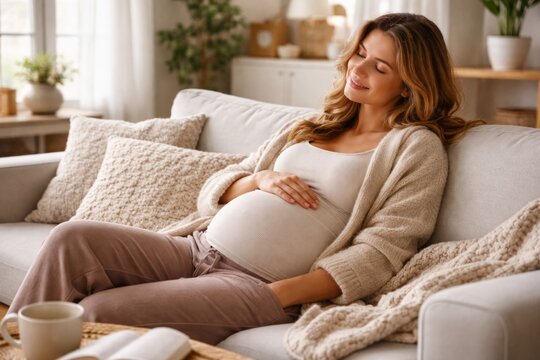 Pregnant woman relaxing on couch in a cozy living room during daytime