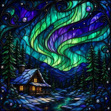 Stained Glass Snowy Cabin Glowing Beneath Northern Lights