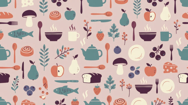 Seamless pattern with flat kitchen and food icons, teapots, fruits, berries, mushrooms and tableware on pink background