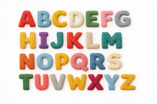 Colorful knitted letters arranged on a white background for educational purposes