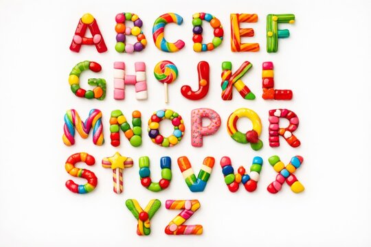 Colorful candy letters arranged in the alphabet on a white background