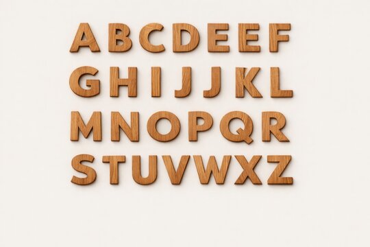 Wooden alphabet letters arranged in rows on light background for educational purposes and children's learning activities