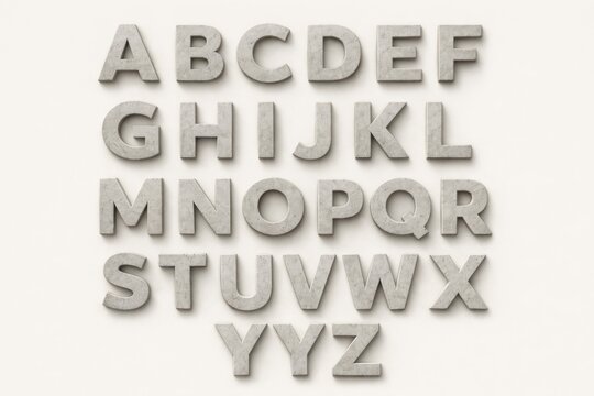 Concrete letters arranged in rows on a light background showing the entire alphabet