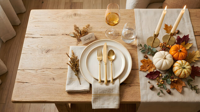 Rustic wooden table with autumn place setting