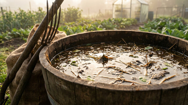 brewing organic compost tea for garden health | homemade liquid fertilizer in a wooden barrel | sustainable farming practices and organic gardening | nutrient-rich compost tea preparation for crops