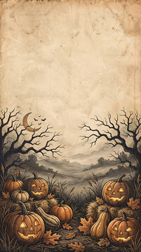 Vintage Halloween background with spooky pumpkins, antique parchment paper texture, rustic autumn landscape with jack o lanterns