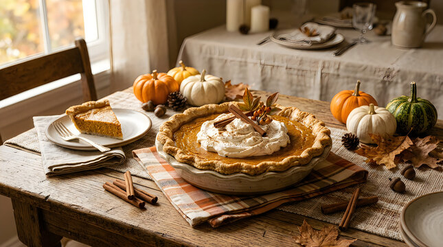 Rustic harvest table with autumn foods and bread