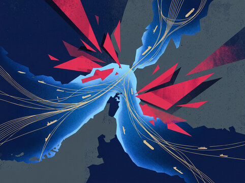 Conceptual illustration of global maritime trade and shipping routes disrupted by geopolitical conflict and risk in a narrow strategic strait