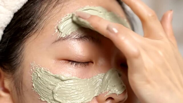 Young woman applying green clay face mask for skincare treatment routine in bathroom mirror