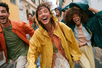 Fototapeta premium Young diverse friends laughing and running in the rain wearing colorful raincoats