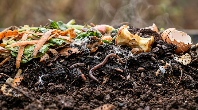 organic garden compost heap with earthworms | active decomposition process of food waste | vermicomposting ecosystem with mycelium and bugs | nutrient rich soil from kitchen scraps