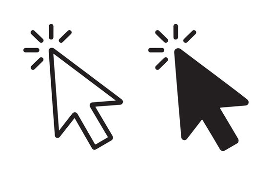 Cursor pointer arrow and clicking hand icons outline and filled on transparent.