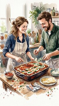 Man and woman preparing homemade lasagna in a bright kitchen as they carefully assemble layers in a baking dish together. This watercolor style illustration depicts a collaborative cooking moment.
