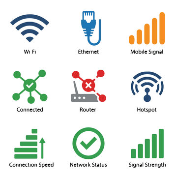Network connection icons set, wireless wifi and ethernet cable symbols, mobile signal strength and internet router vector illustrations isolated on White Background