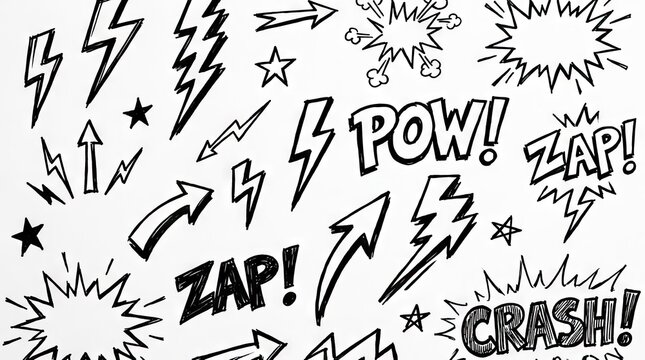 Comic book sound effect bubbles with action text.
