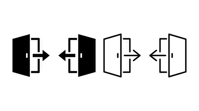 Emergency exit and open door line icon set.