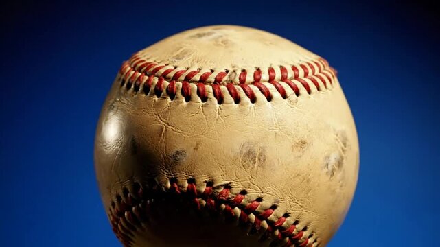 Close-up view of a worn baseball with red stitching against a dark blue background