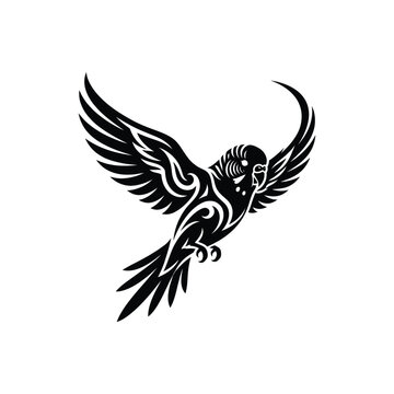 Stylized tribal art illustration of a flying budgerigar parrot isolated on transparent background