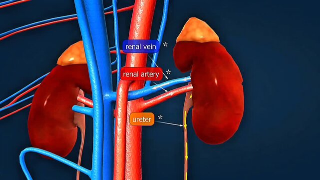 Kidney function mechanism showing filtration, reabsorption, secretion and urine excretion.