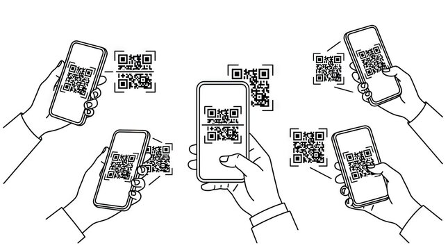 Hands scanning QR codes with smartphones.