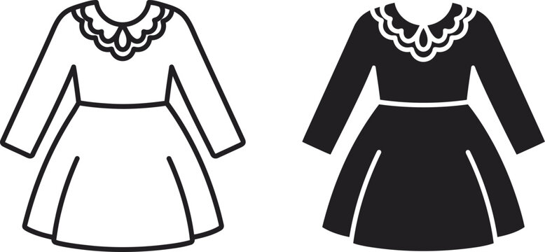 Elegant dress designs with ruffled necklines in contrasting black and white line art