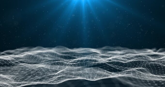 Aerial camera sweeps over an expansive matrix ocean constructed from glowing white node points. Top warm spotlight accents rolling waves of digital information.