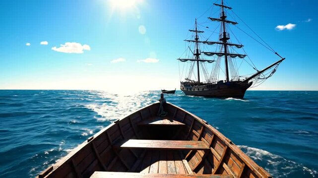 Wooden rowboat sailing on the ocean with a tall ship under a bright blue sky on a sunny day