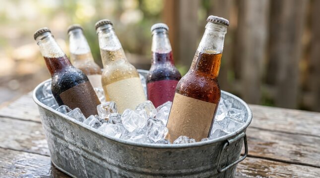 Assorted beers cooling in ice bucket on wooden surface outdoors