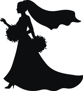Black silhouette of a bride in a flowing gown holding flower bouquets de