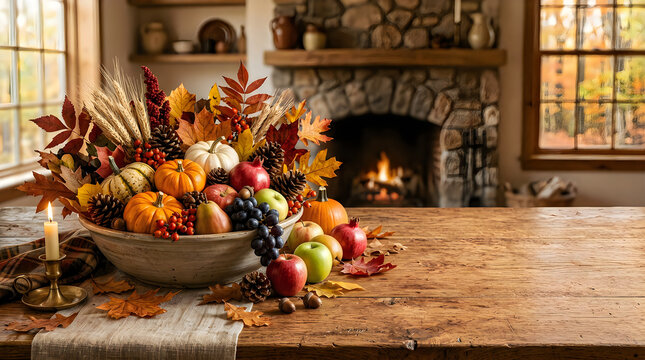 Autumn harvest basket with fruits and greenery
