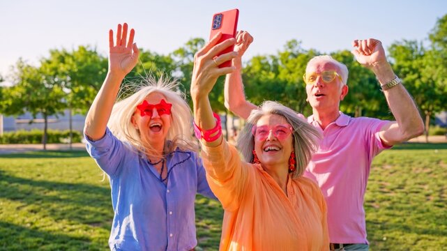 Group of happy senior friends smiling while taking a selfie outdoors in a park