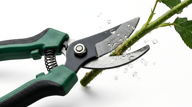 Garden pruners cutting a green plant stem on a white background