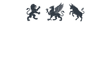 Fototapeta premium Heraldic vector illustration featuring a regal lion griffin and powerful bull silhouette on isolated white background