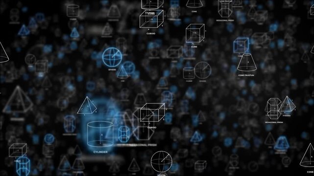 3D flight through dark space with white geometric shapes that briefly glow blue as they form, creating an abstract educational background animation for mathematics and science themes