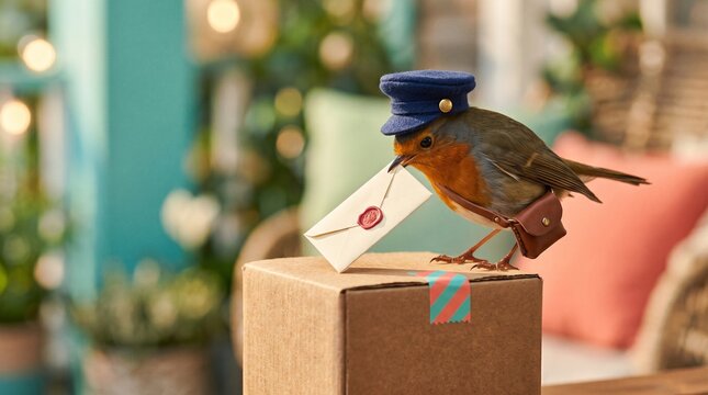 Cute robin bird dressed as postman delivering sealed letter on parcel box. Little mailman bird with cap and leather bag in cozy home setting.