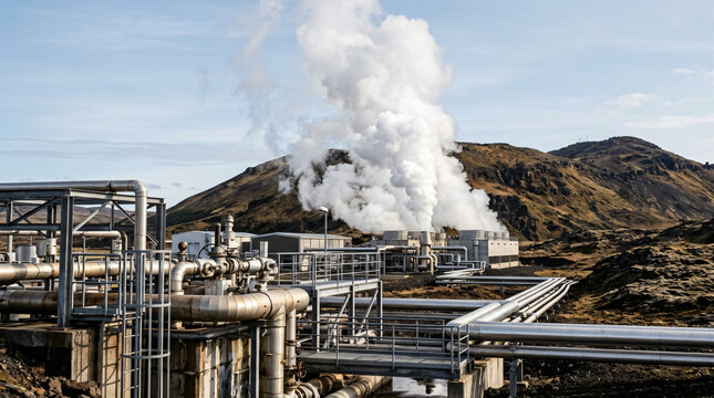 geothermal power plant in Iceland | renewable energy steam vents | sustainable volcanic energy production | industrial pipes at geothermal facility | clean energy power station landscape