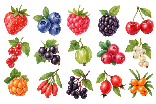 Watercolor berry clipart collection with strawberry, blueberry, raspberry, blackberry, cherry, currant, gooseberry and other fruits. Botanical illustration elements isolated on transparent background.