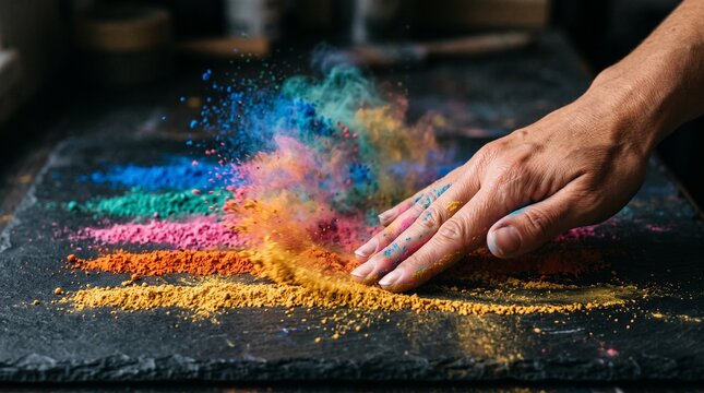 Hand mixing colorful powders on a dark surface in a creative workspace