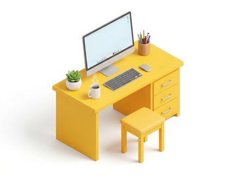 Isometric yellow desk setup with computer and accessories