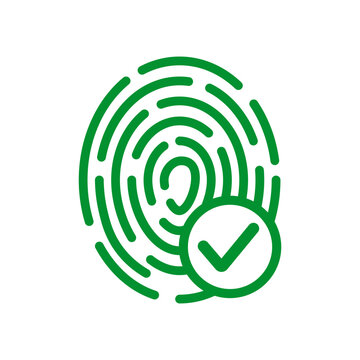Green fingerprint with check mark, vector illustration.