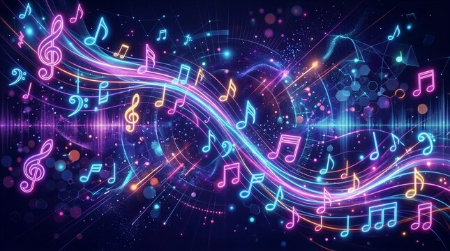 Colorful musical notes flowing across neon abstract background