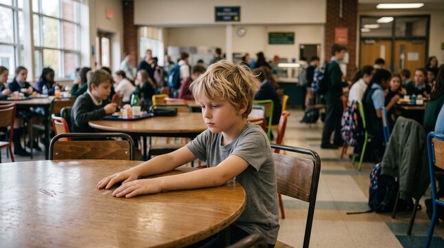 Child sitting alone at a lunch table in a busy school cafeteria during lunchtime