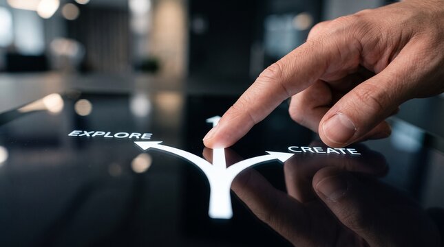 Finger touching screen with options to explore and create in modern workspace
