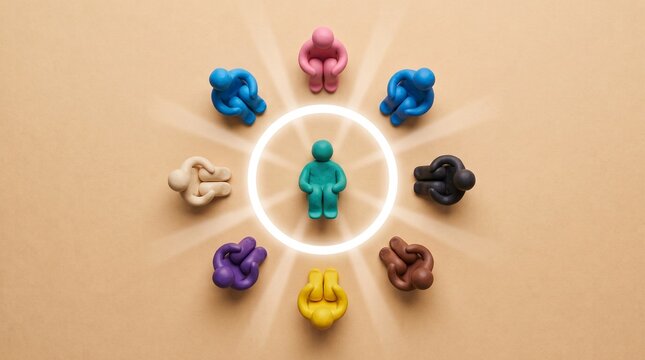 Colorful figurines surrounding a central figure in a circular arrangement on a beige