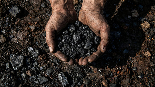 Dirty hands holding pieces of raw coal | Coal mining industry and energy production | Fossil fuel extraction natural resources | Close up of miner's hands with anthracite