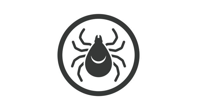 Minimalist tick vector graphic design isolated on white background featuring dark grey insect shape inside a simple circular frame icon