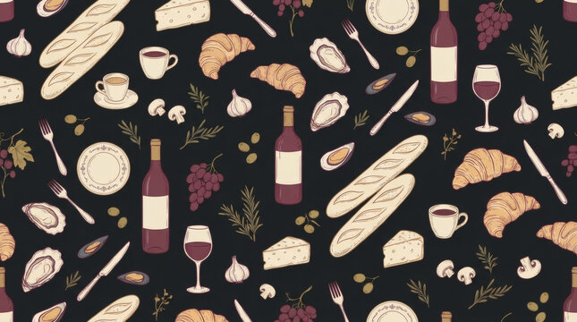Seamless pattern of French cuisine with baguette, wine, cheese, croissant, coffee and grapes vector illustration on dark background