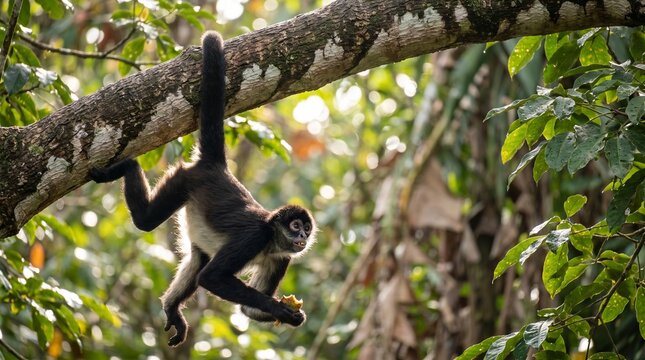 Geoffroy's Spider Monkey Hanging by Prehensile Tail and Eating Fruit in Jungle Canopy