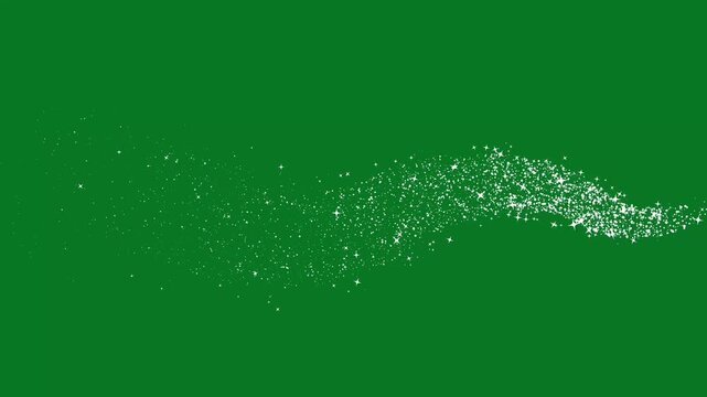 Magic light effect curve trail with twinkling white stars, shimmering fairy dust particles and luminous sparkle motion flowing along a smooth line path for fantasy transitions on green screen. 4k